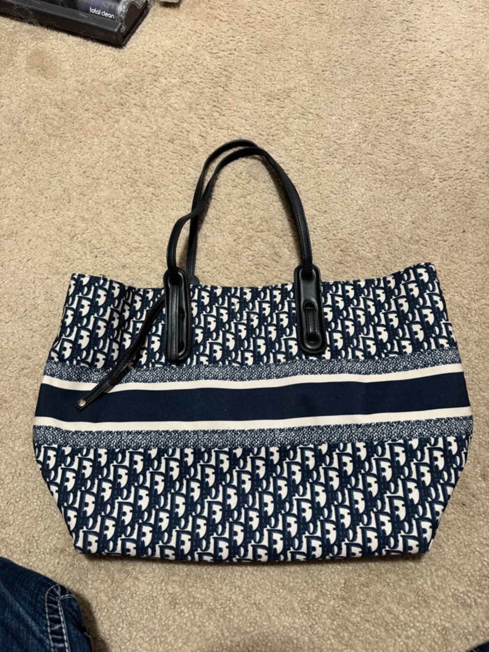 Designer-Style Navy and White Tote Bag with Pattern